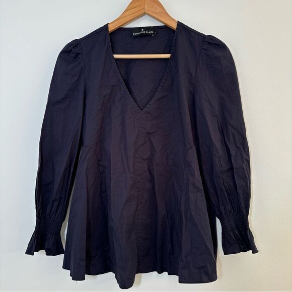 Tuckernuck Pomander Place Easton Poplin Long Sleeve Blouse Navy Small Preppy - Picture 2 of 8